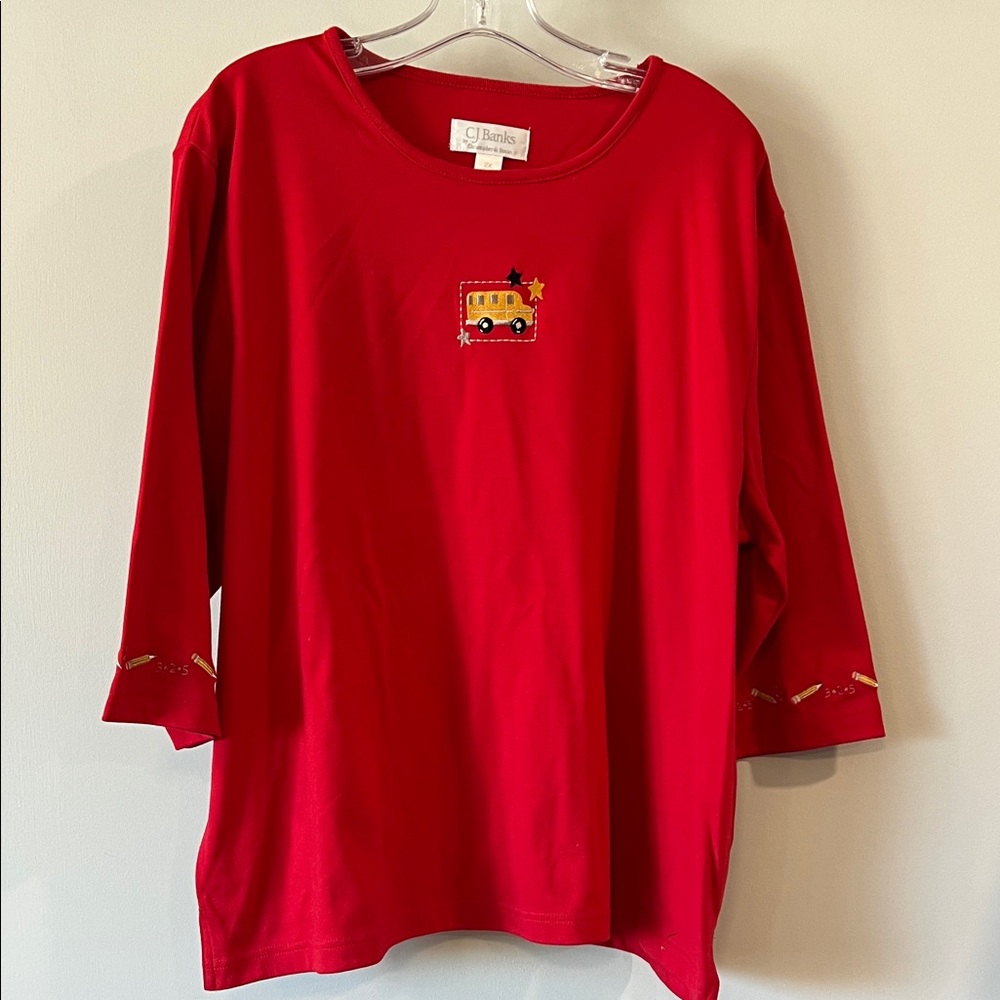CJ Banks - 2X, Red‎ 3/4 sleeve, School Bus Embroidery